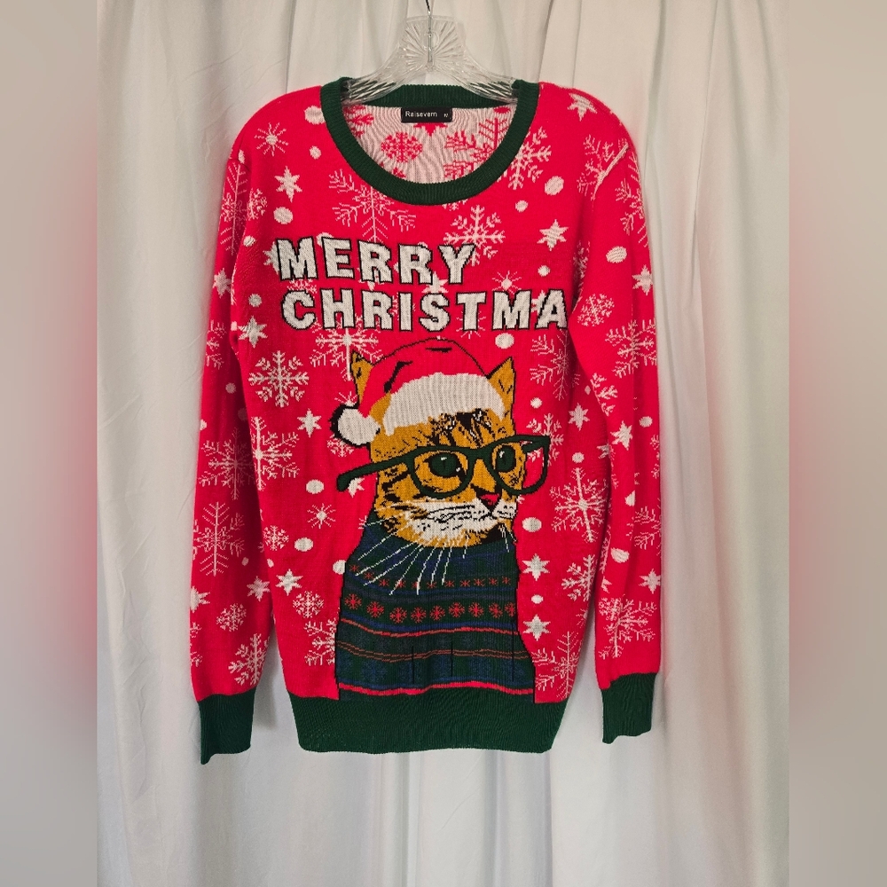 Raisevern Red/White Christmas Cat Holiday Oversize Sweater Size M